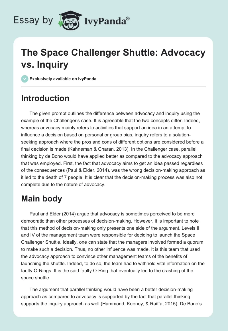 The Space Challenger Shuttle: Advocacy vs. Inquiry. Page 1