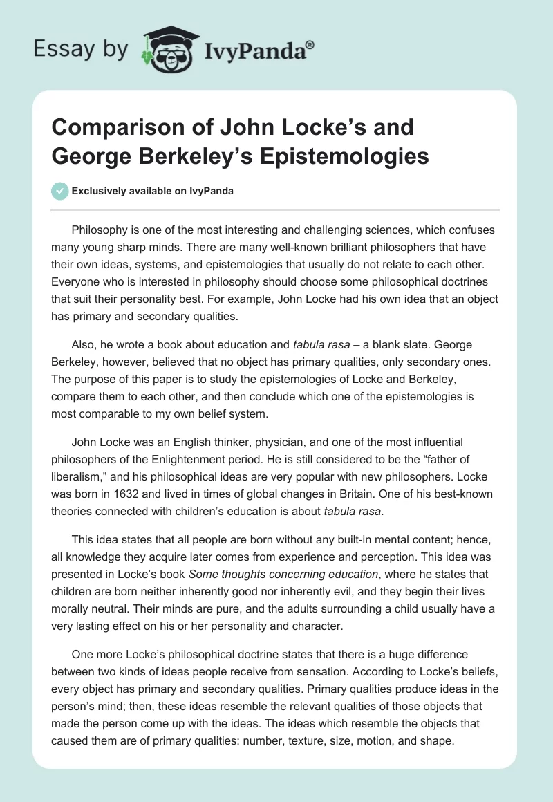 Comparison of John Locke’s and George Berkeley’s Epistemologies. Page 1
