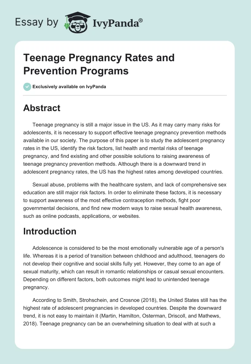 Teenage Pregnancy Rates and Prevention Programs. Page 1
