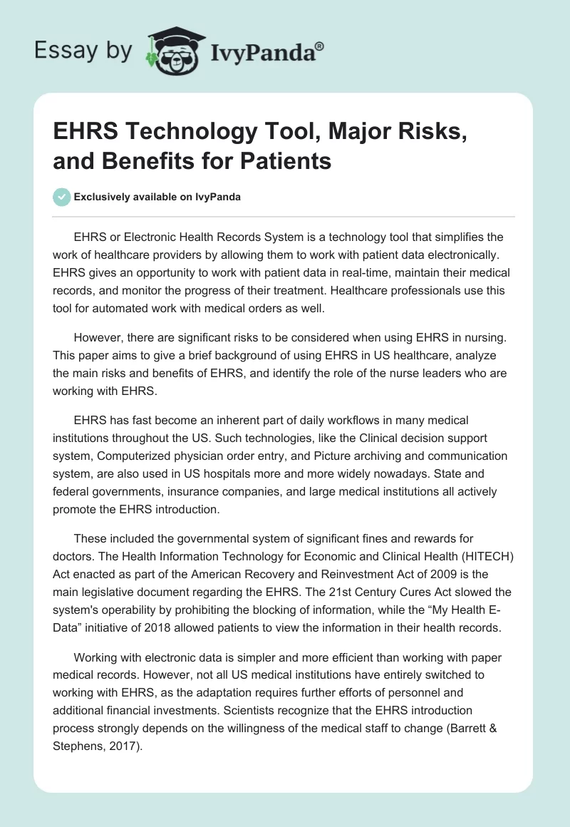 EHRS Technology Tool, Major Risks, and Benefits for Patients. Page 1