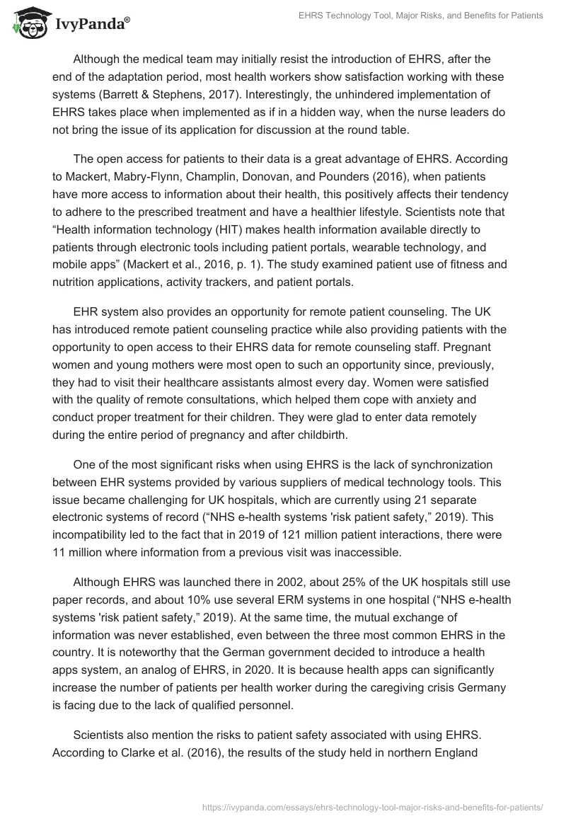EHRS Technology Tool, Major Risks, and Benefits for Patients. Page 2