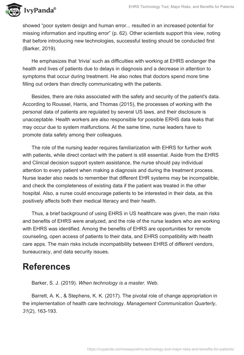 EHRS Technology Tool, Major Risks, and Benefits for Patients. Page 3