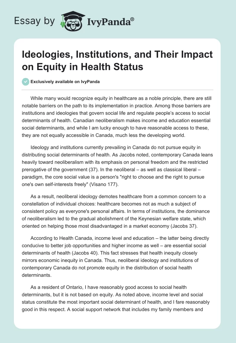 Ideologies, Institutions, and Their Impact on Equity in Health Status. Page 1