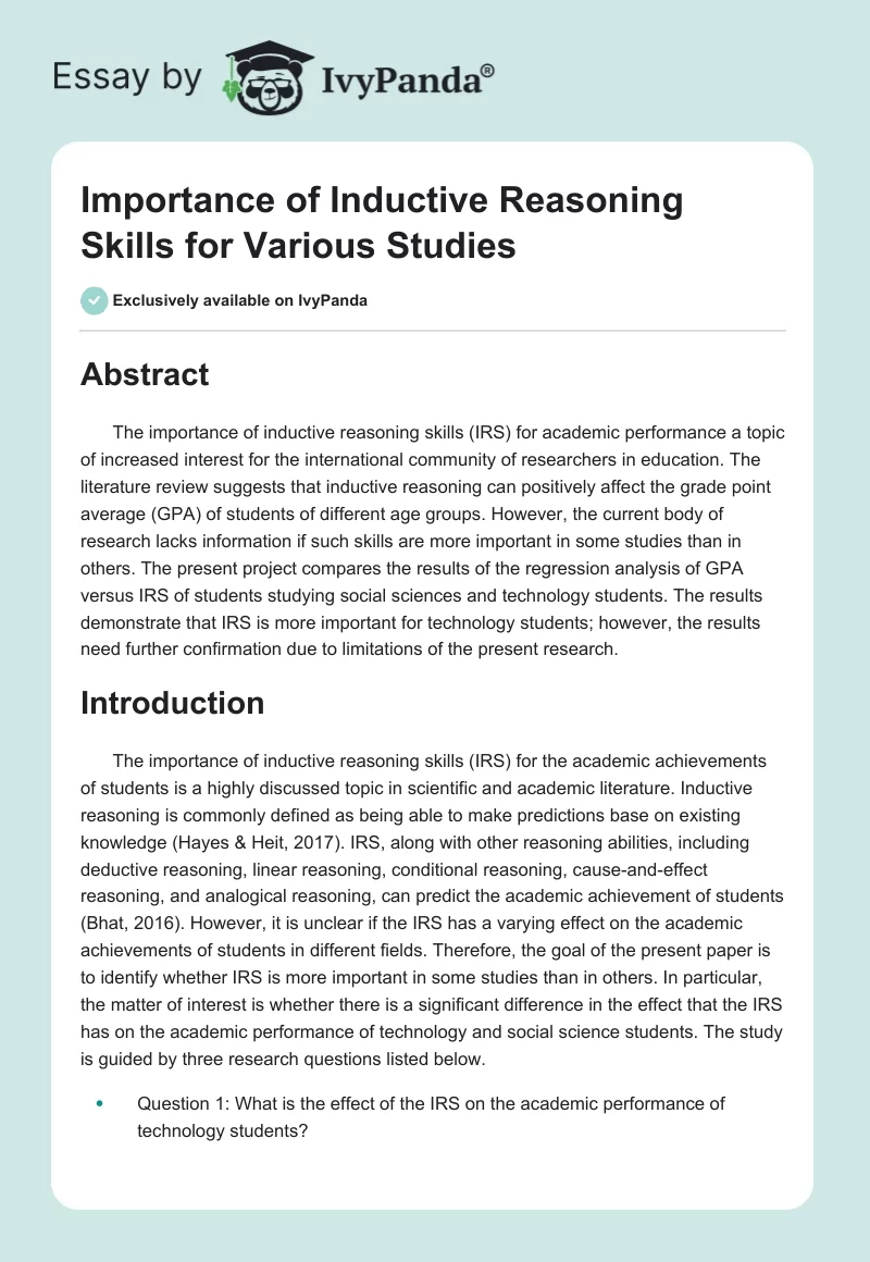 Importance of Inductive Reasoning Skills for Various Studies. Page 1