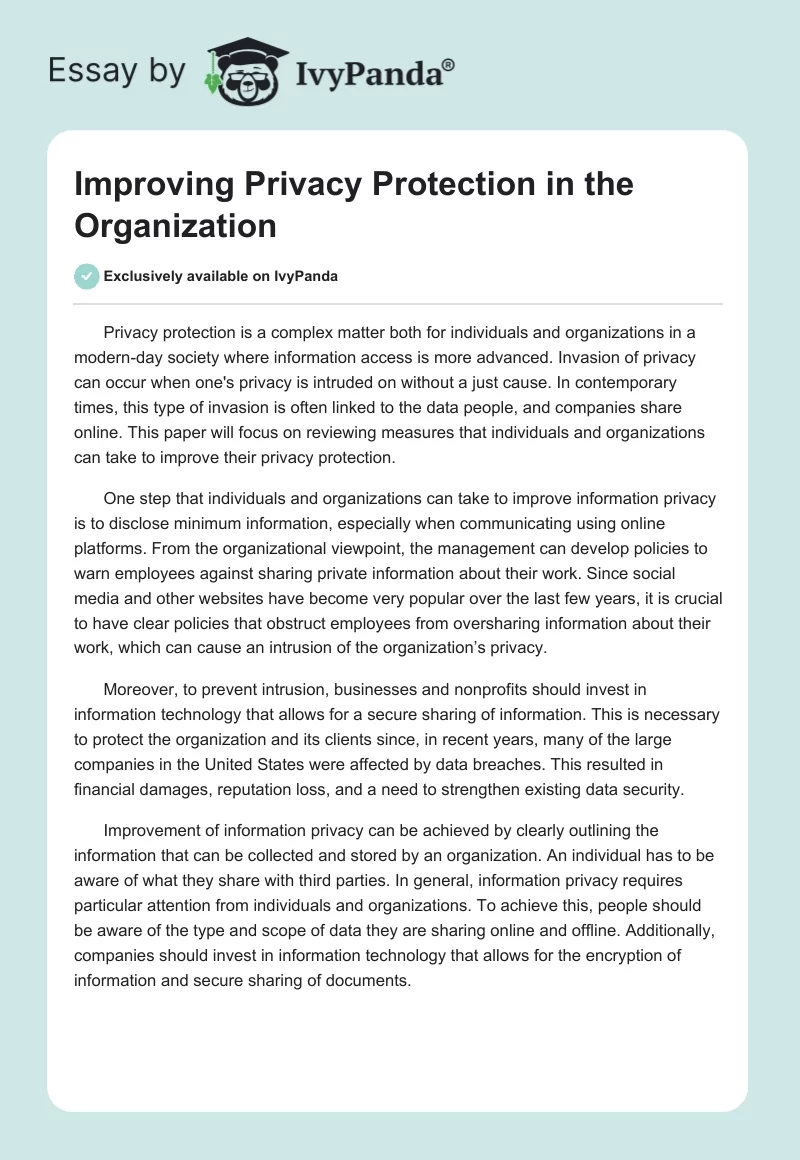 Improving Privacy Protection in the Organization. Page 1