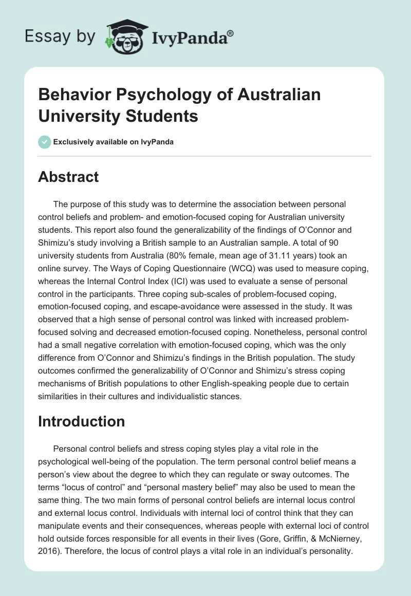 Behavior Psychology of Australian University Students. Page 1
