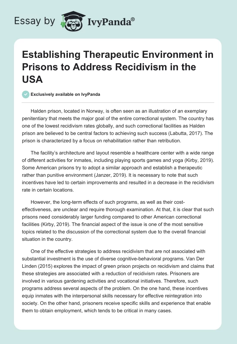 Establishing Therapeutic Environment in Prisons to Address Recidivism in the USA. Page 1