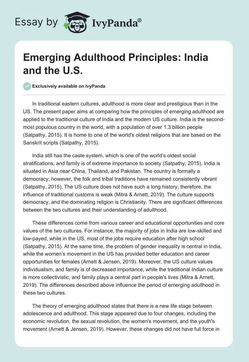 Emerging Adulthood Principles: India and the U.S.. Page 1