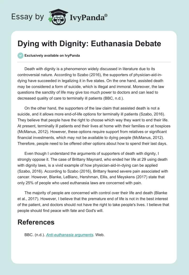 Dying With Dignity: Euthanasia Debate. Page 1