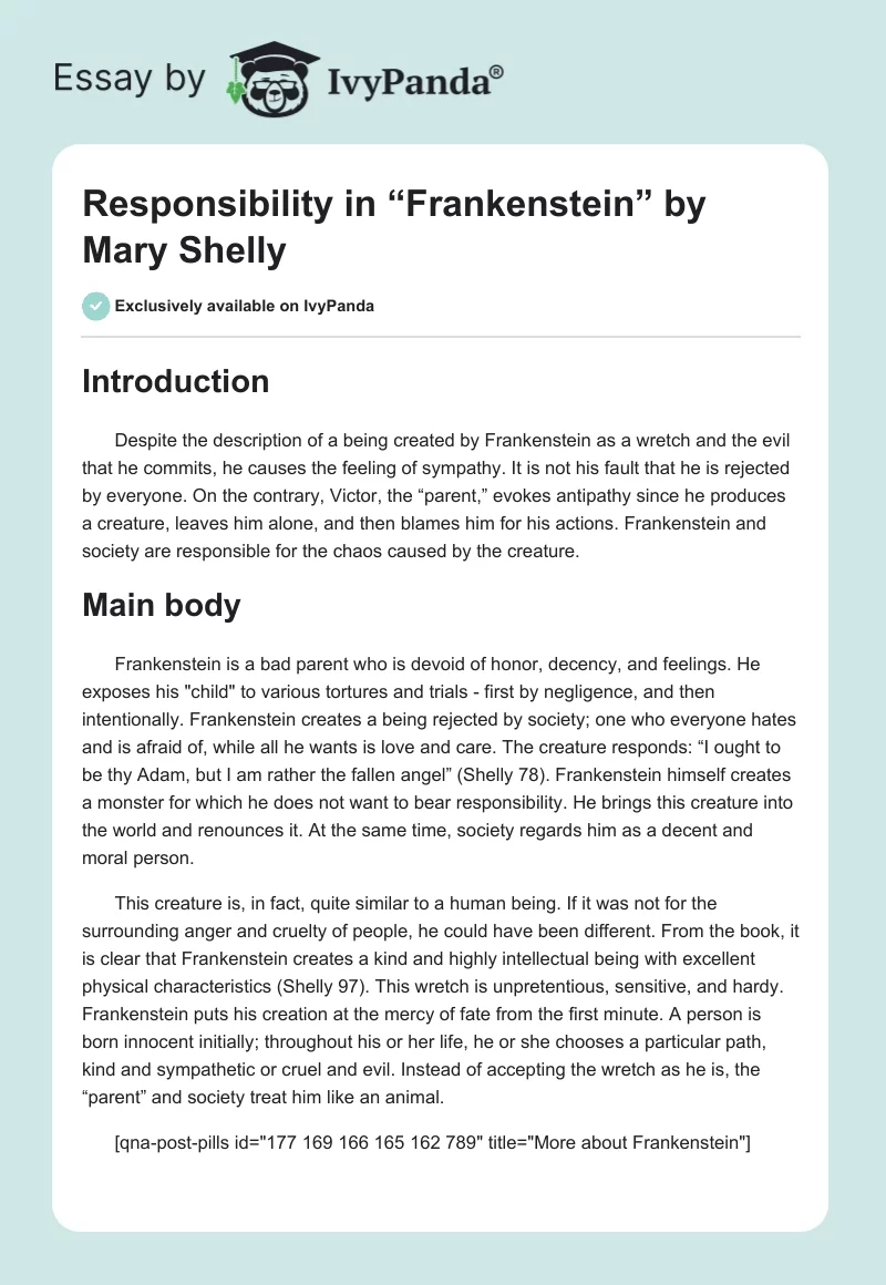 Responsibility in “Frankenstein” by Mary Shelly. Page 1