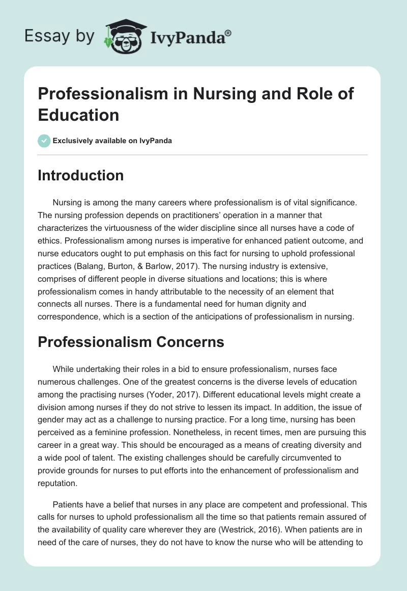 Professionalism in Nursing and Role of Education. Page 1