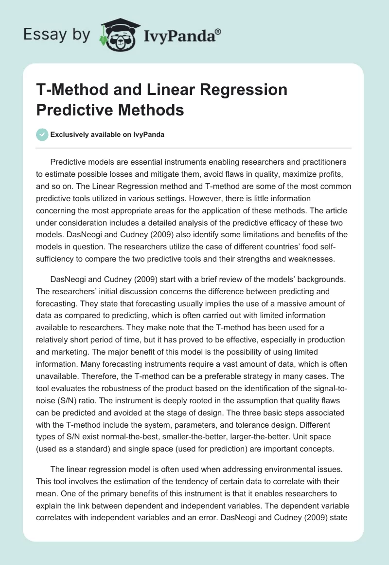 T-Method and Linear Regression Predictive Methods. Page 1