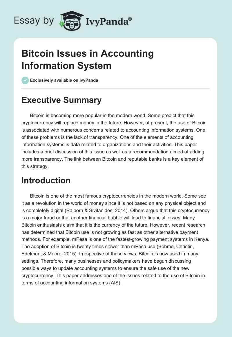 Bitcoin Issues in Accounting Information System. Page 1