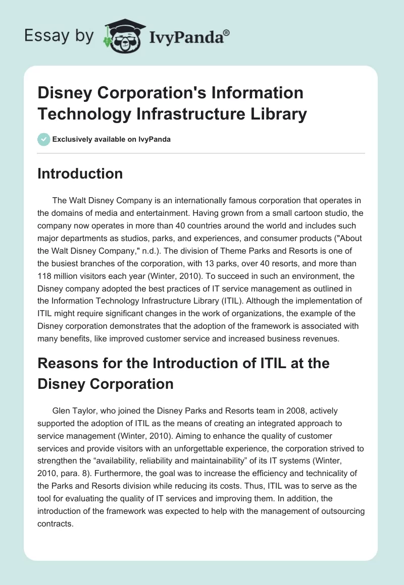 Disney Corporation's Information Technology Infrastructure Library. Page 1