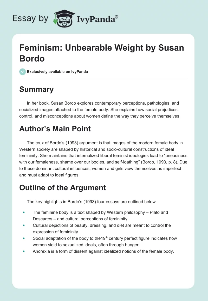 Feminism: "Unbearable Weight" by Susan Bordo. Page 1