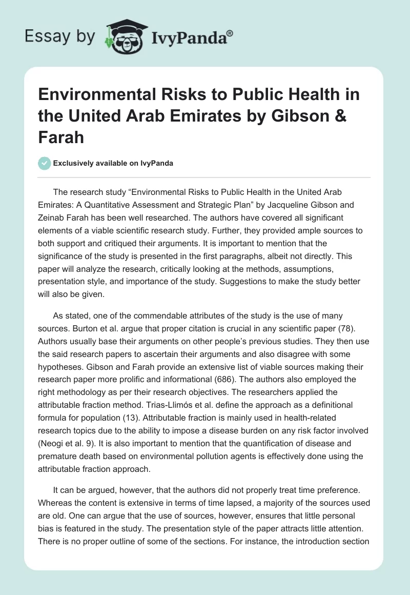 "Environmental Risks to Public Health in the United Arab Emirates" by Gibson & Farah. Page 1