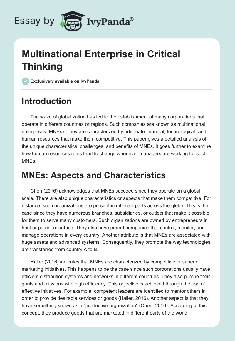 Multinational Enterprise in Critical Thinking. Page 1