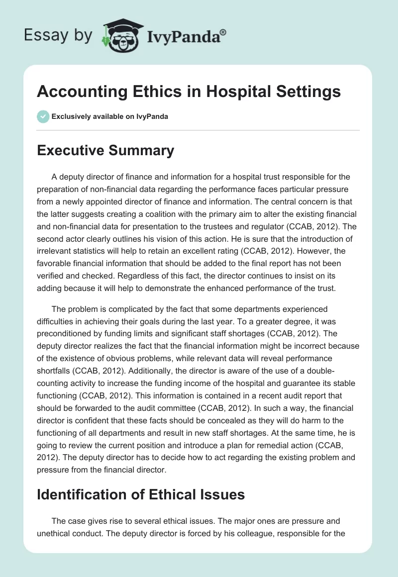 Accounting Ethics in Hospital Settings. Page 1