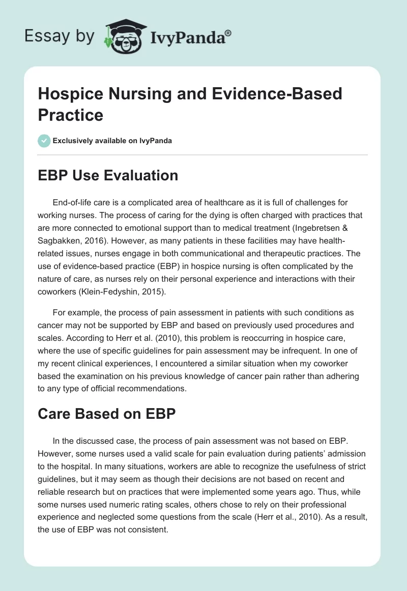 Hospice Nursing and Evidence-Based Practice. Page 1