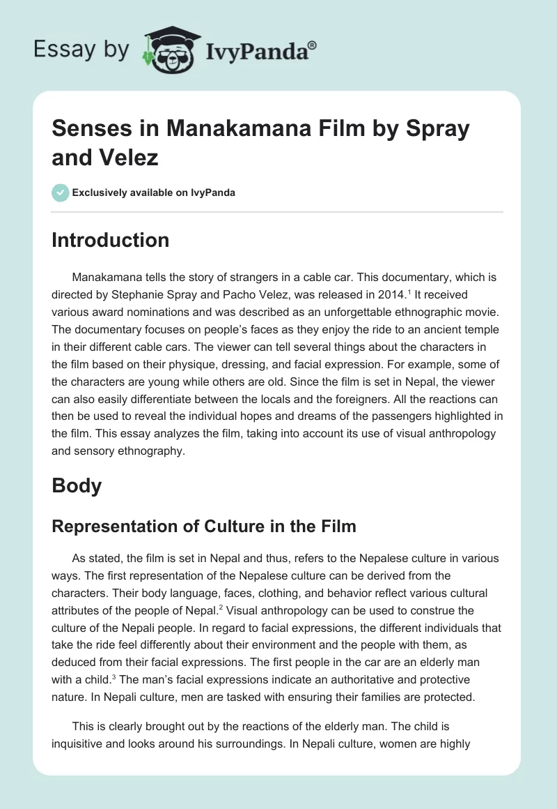 Senses in "Manakamana" Film by Spray and Velez. Page 1