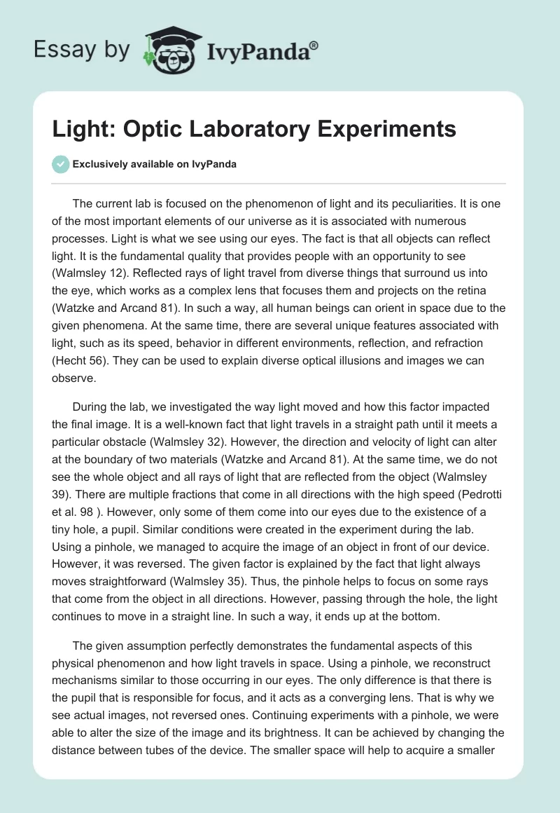 Light: Optic Laboratory Experiments. Page 1