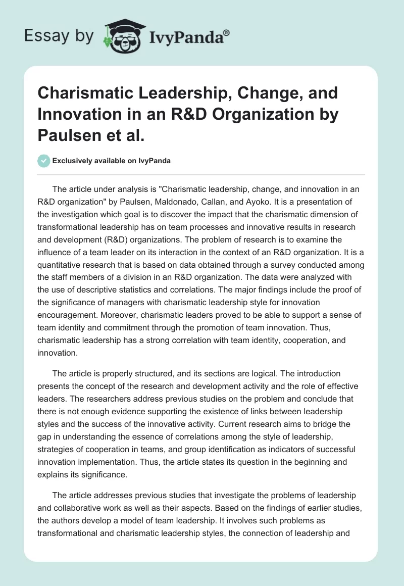 "Charismatic Leadership, Change, and Innovation in an R&D Organization" by Paulsen et al.. Page 1
