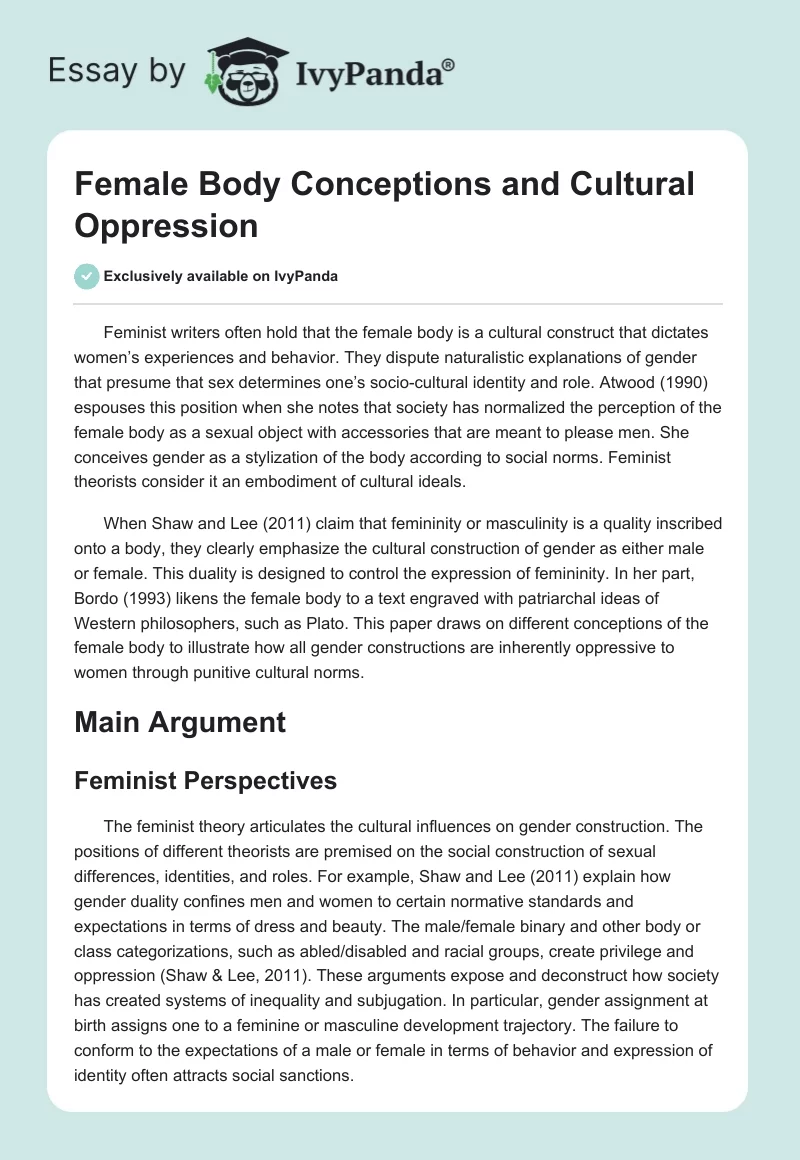 Female Body Conceptions and Cultural Oppression. Page 1