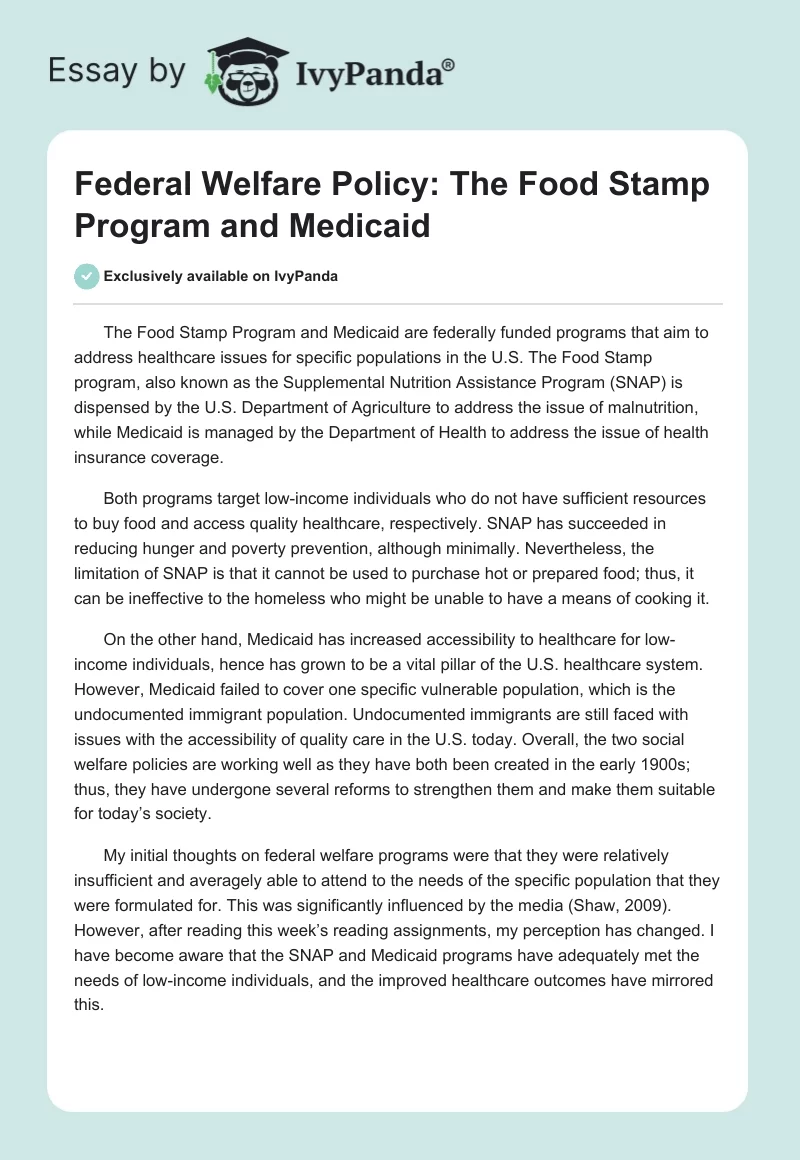 Federal Welfare Policy: The Food Stamp Program and Medicaid. Page 1