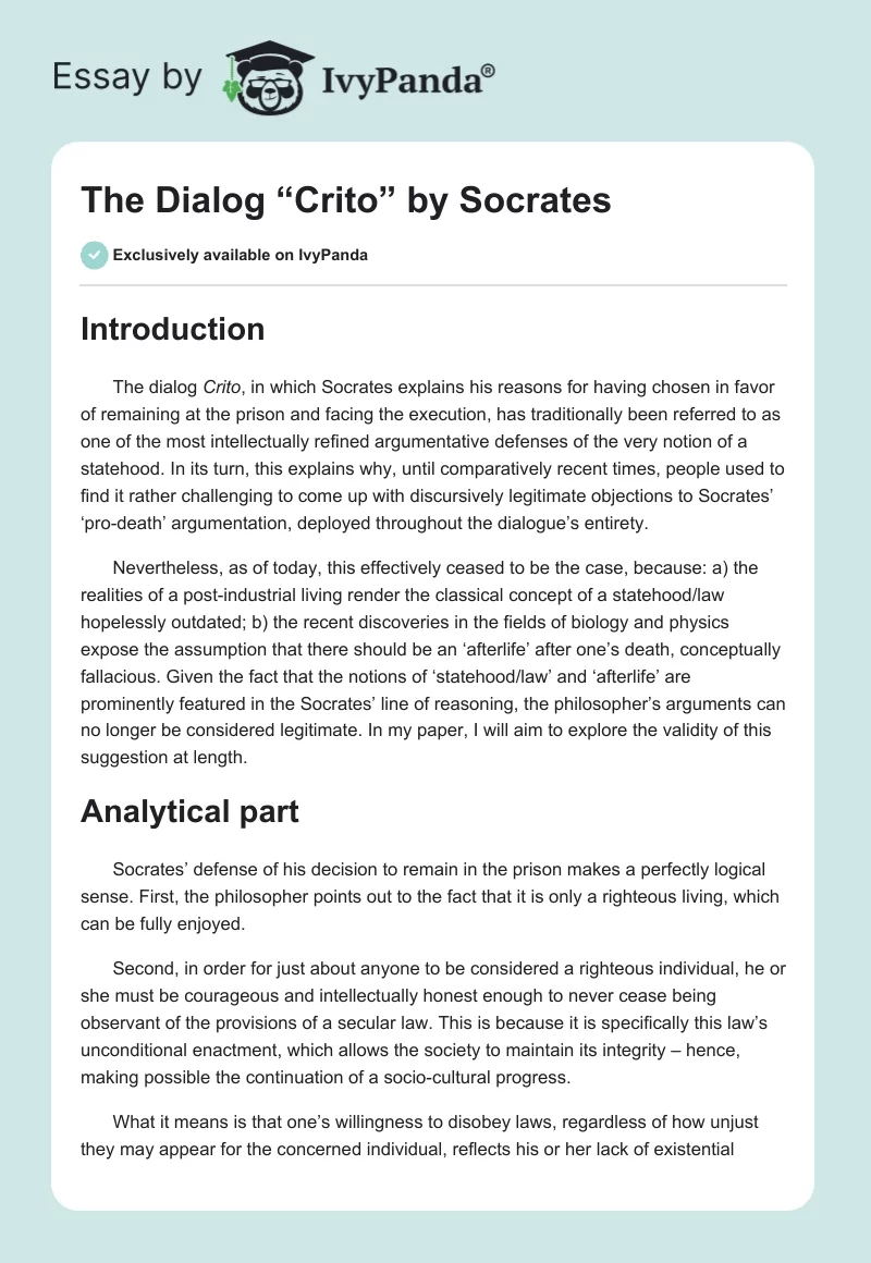 The Dialog “Crito” by Socrates. Page 1