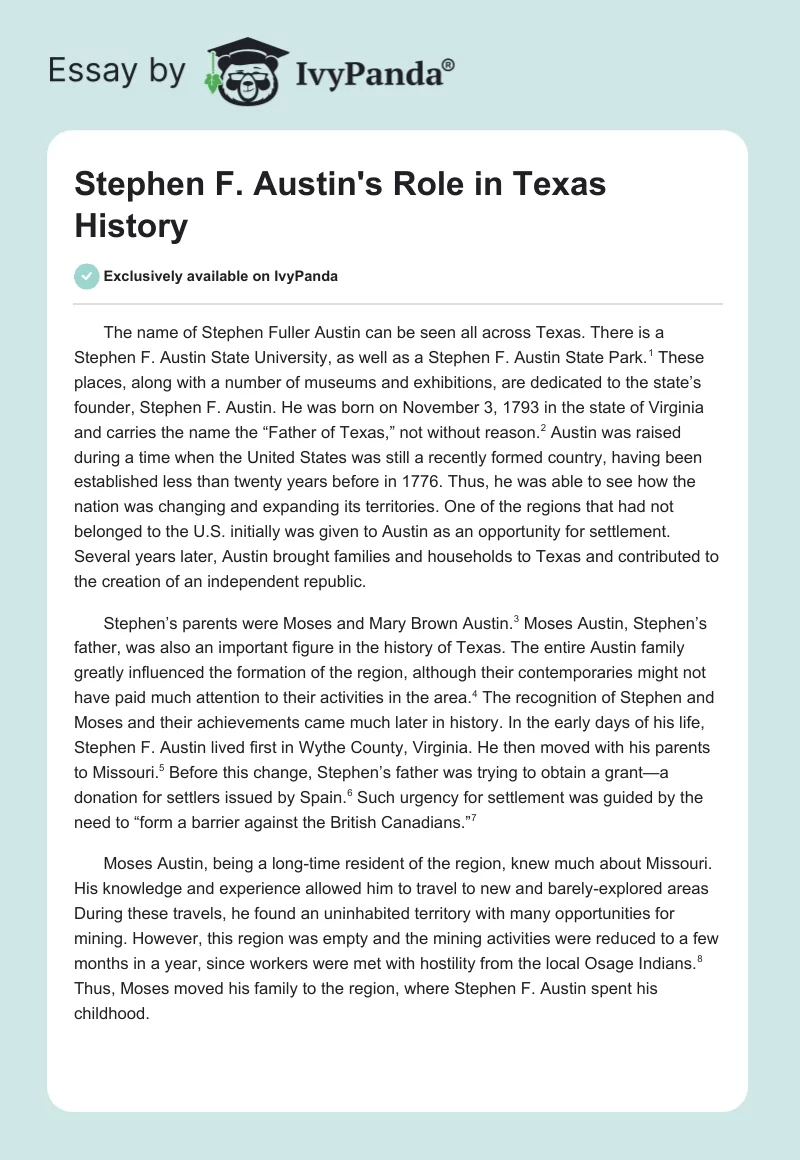 Stephen F. Austin's Role in Texas History. Page 1