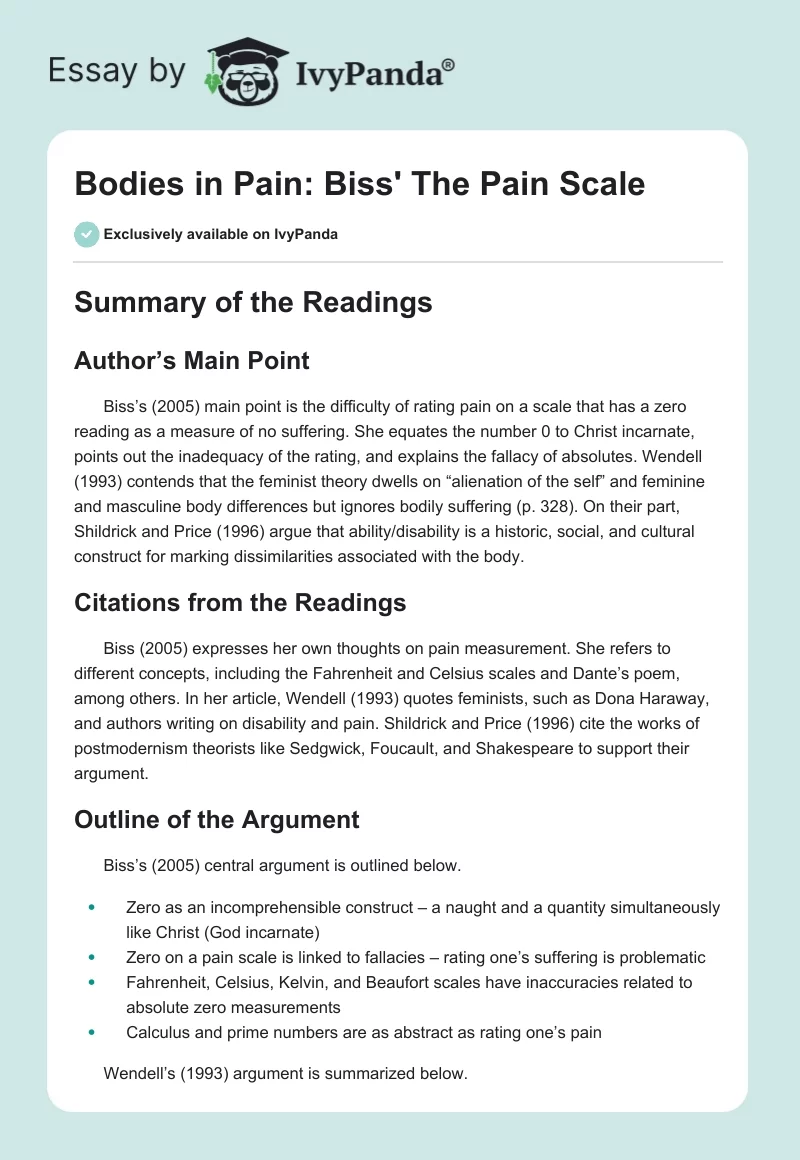 Bodies in Pain: Biss' "The Pain Scale". Page 1