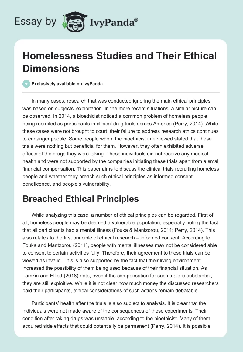 Homelessness Studies and Their Ethical Dimensions. Page 1