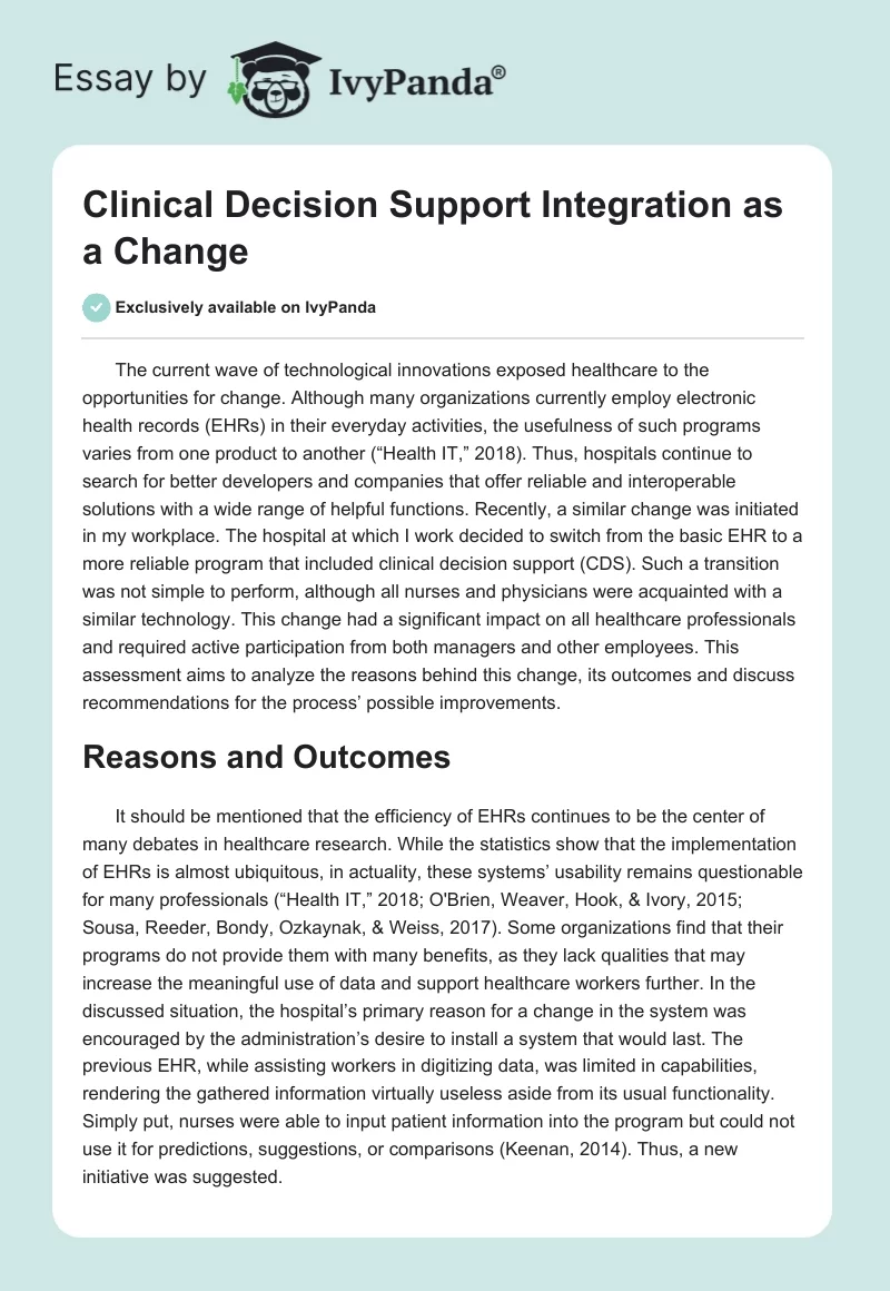 Clinical Decision Support Integration as a Change. Page 1