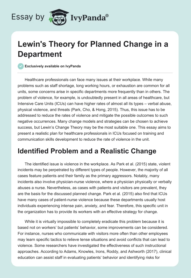 Lewin's Theory for Planned Change in a Department. Page 1