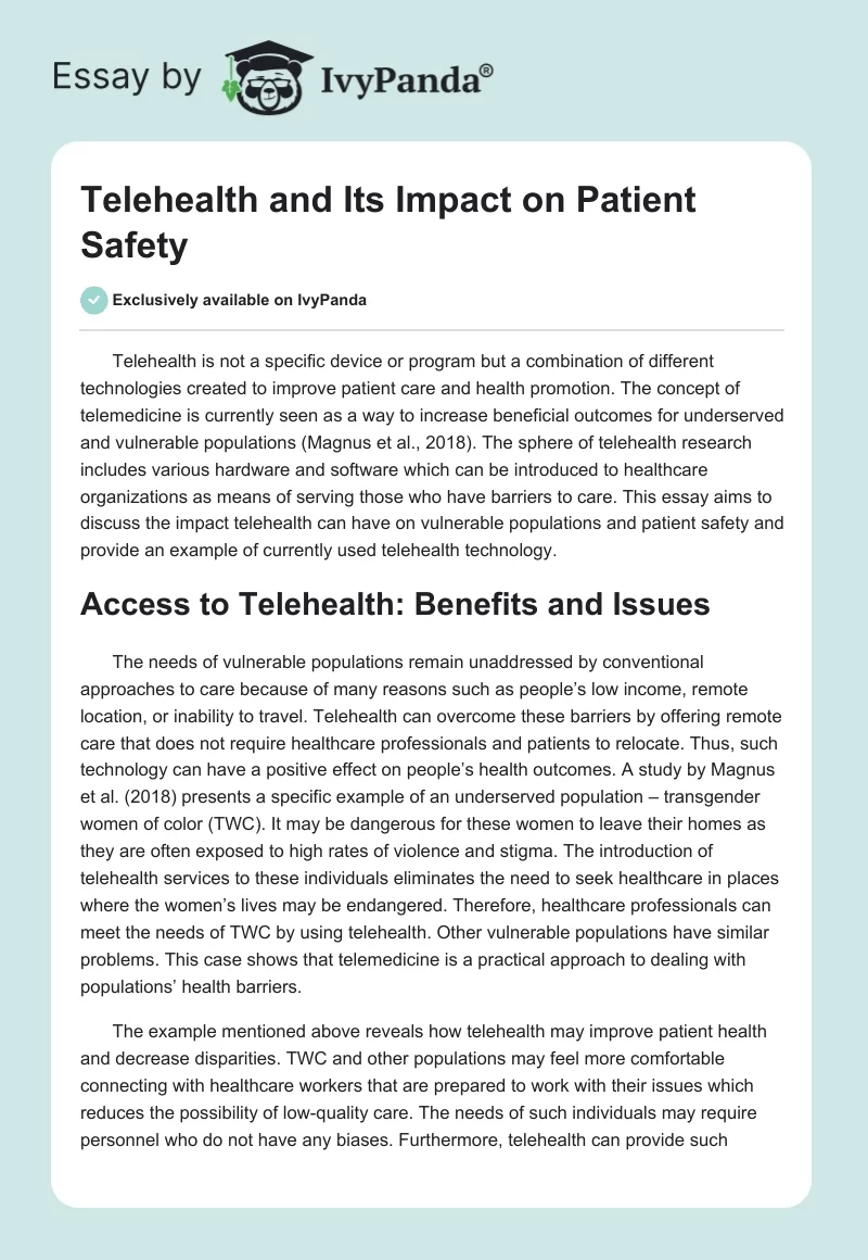 Telehealth and Its Impact on Patient Safety. Page 1