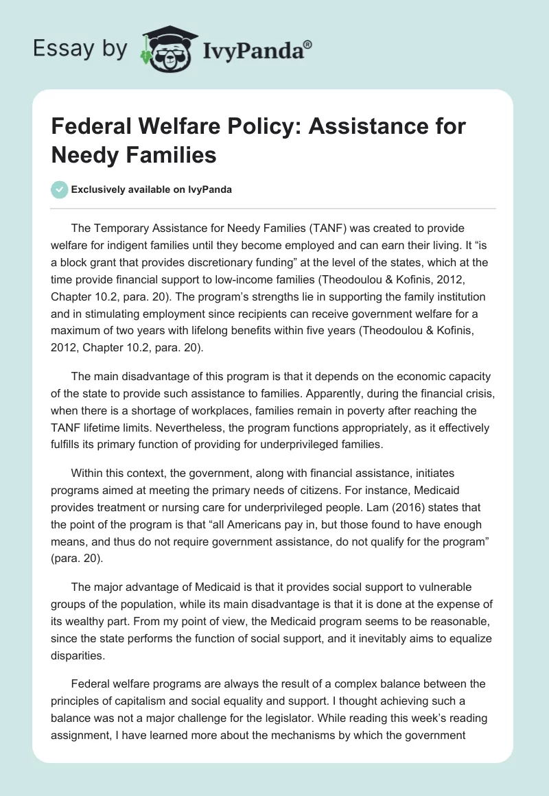 Federal Welfare Policy: Assistance for Needy Families. Page 1