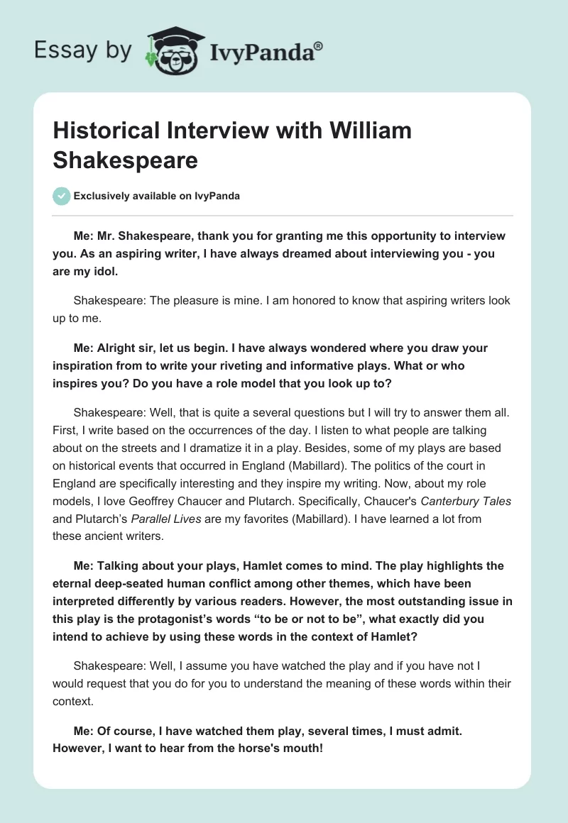 Historical Interview with William Shakespeare. Page 1