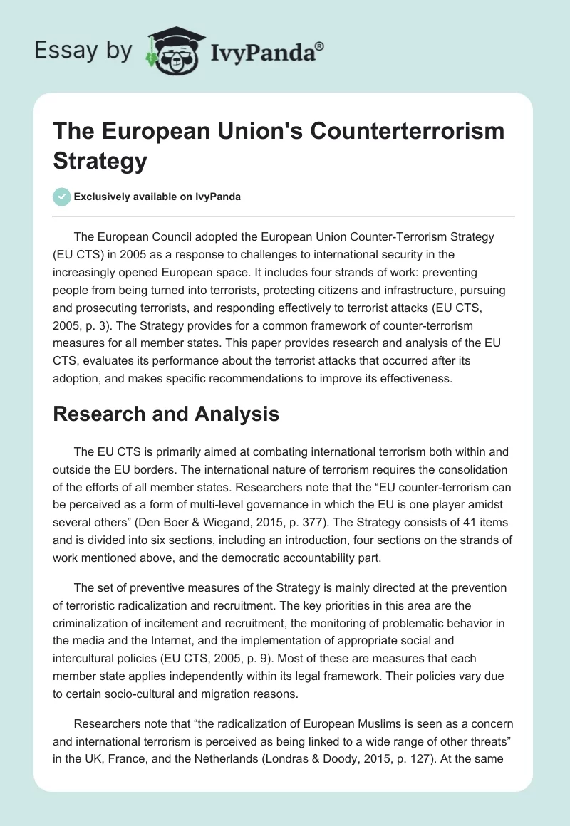 The European Union's Counterterrorism Strategy. Page 1