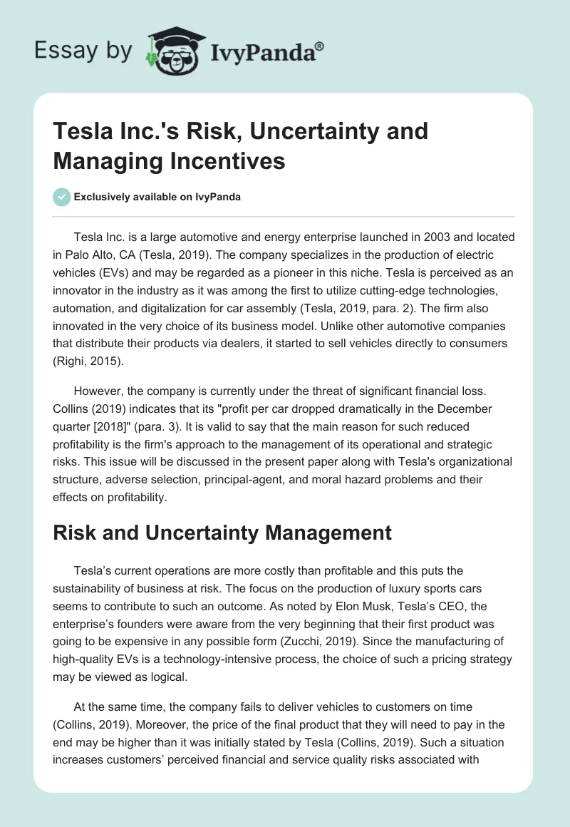 Tesla Inc.'s Risk, Uncertainty and Managing Incentives. Page 1