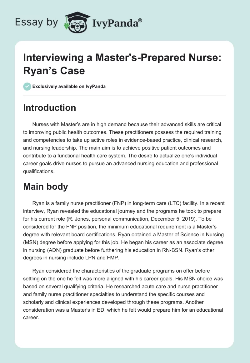 Interviewing a Master's-Prepared Nurse: Ryan’s Case. Page 1
