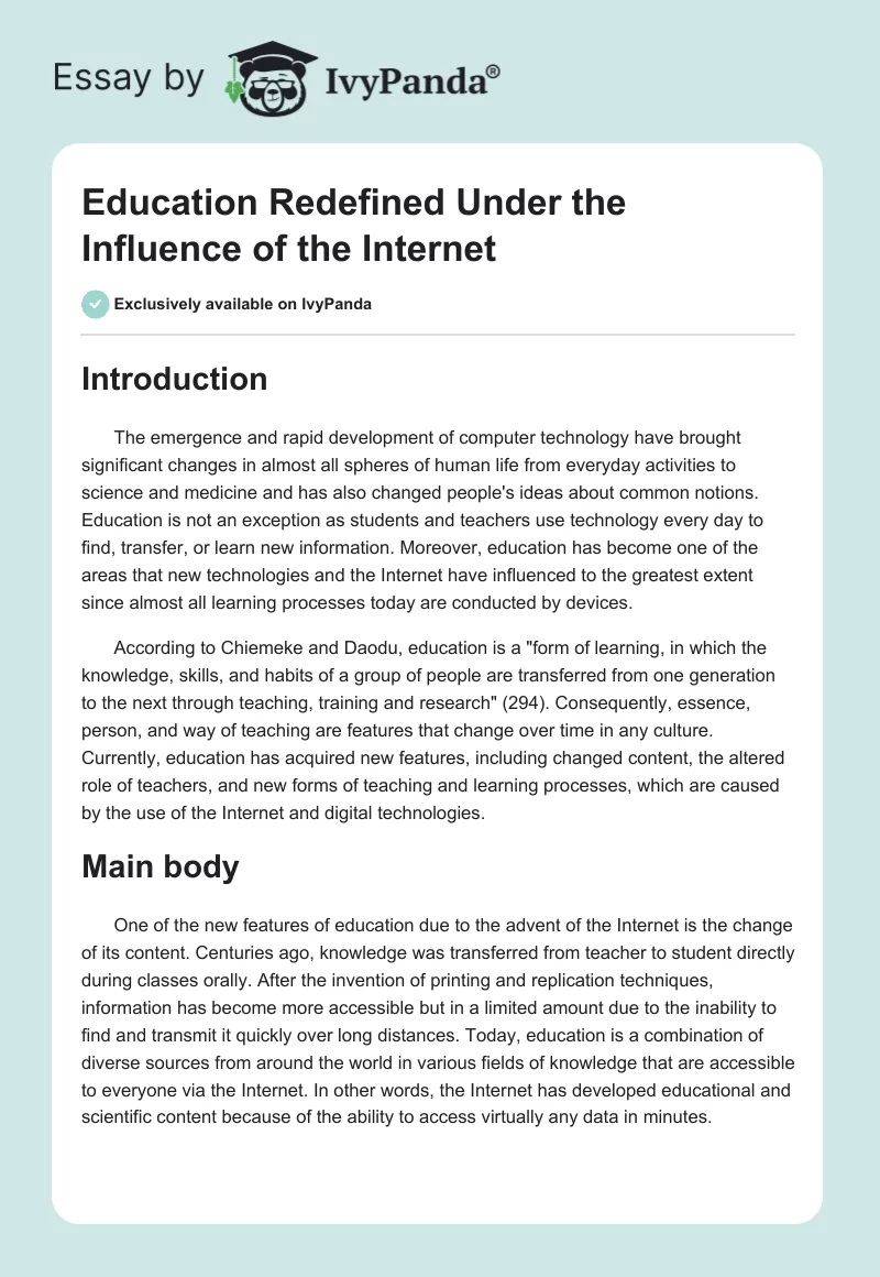 Education Redefined Under the Influence of the Internet. Page 1