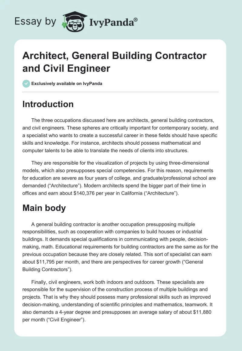 Architect, General Building Contractor and Civil Engineer. Page 1