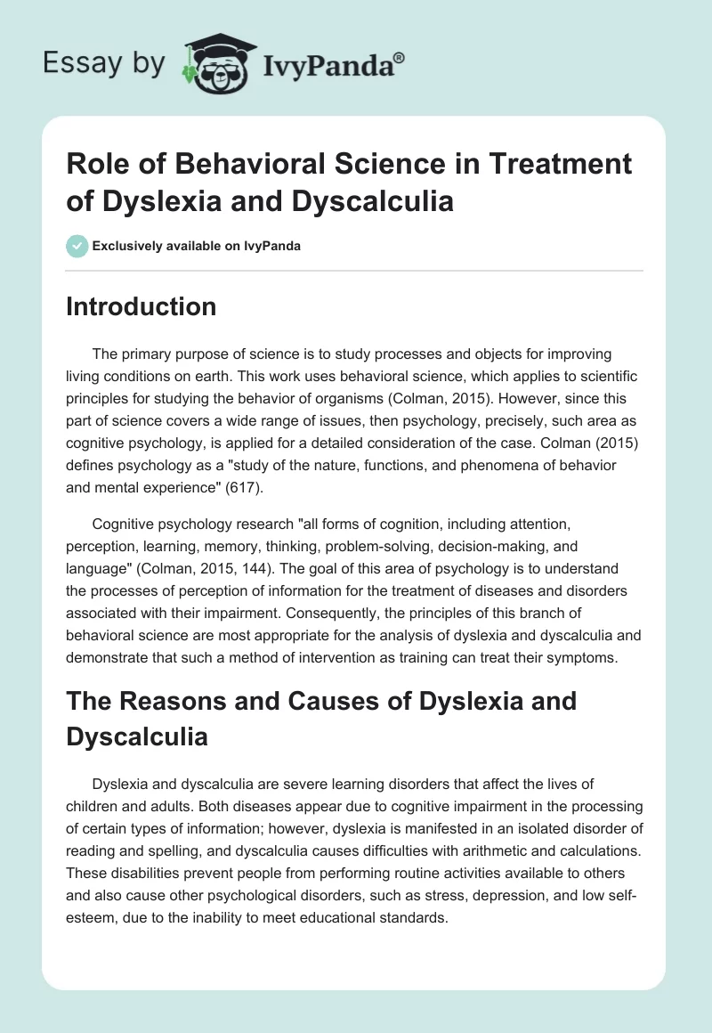 Role of Behavioral Science in Treatment of Dyslexia and Dyscalculia. Page 1