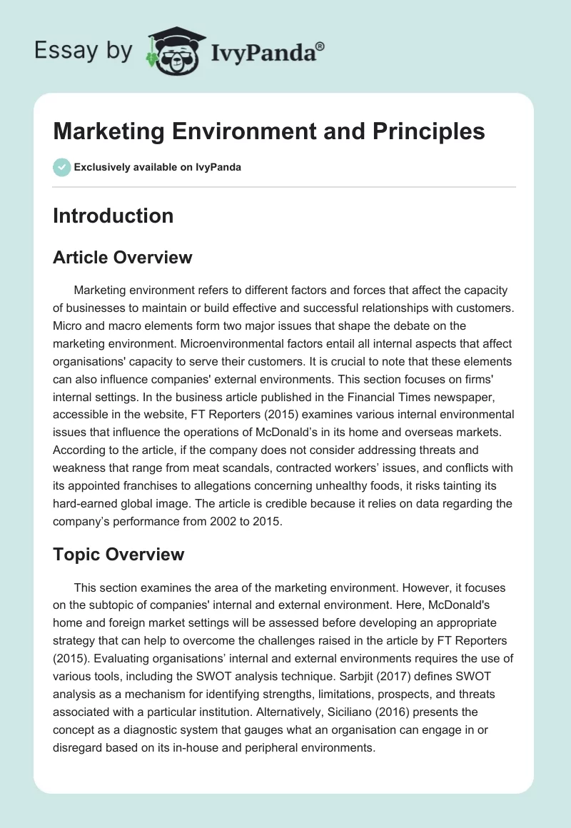 Marketing Environment and Principles. Page 1