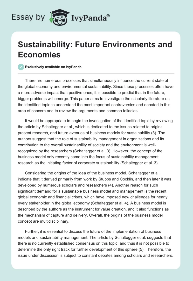Sustainability: Future Environments and Economies. Page 1