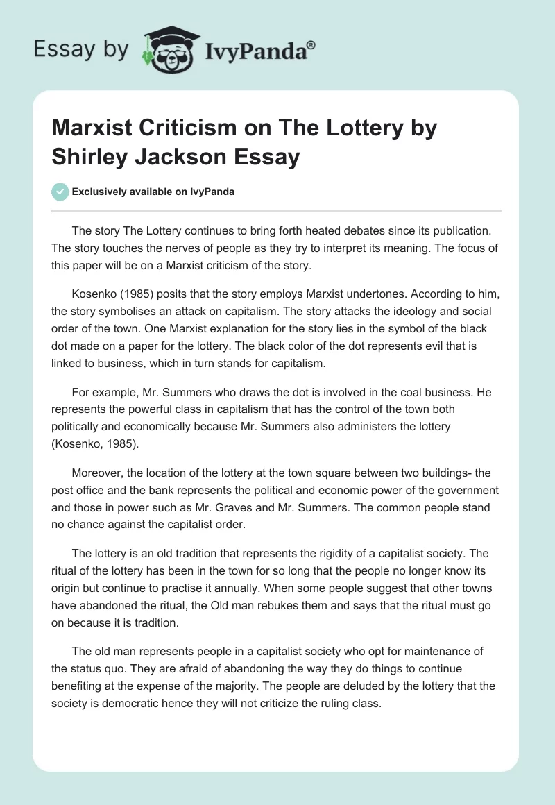 Marxist Criticism on The Lottery by Shirley Jackson Essay. Page 1