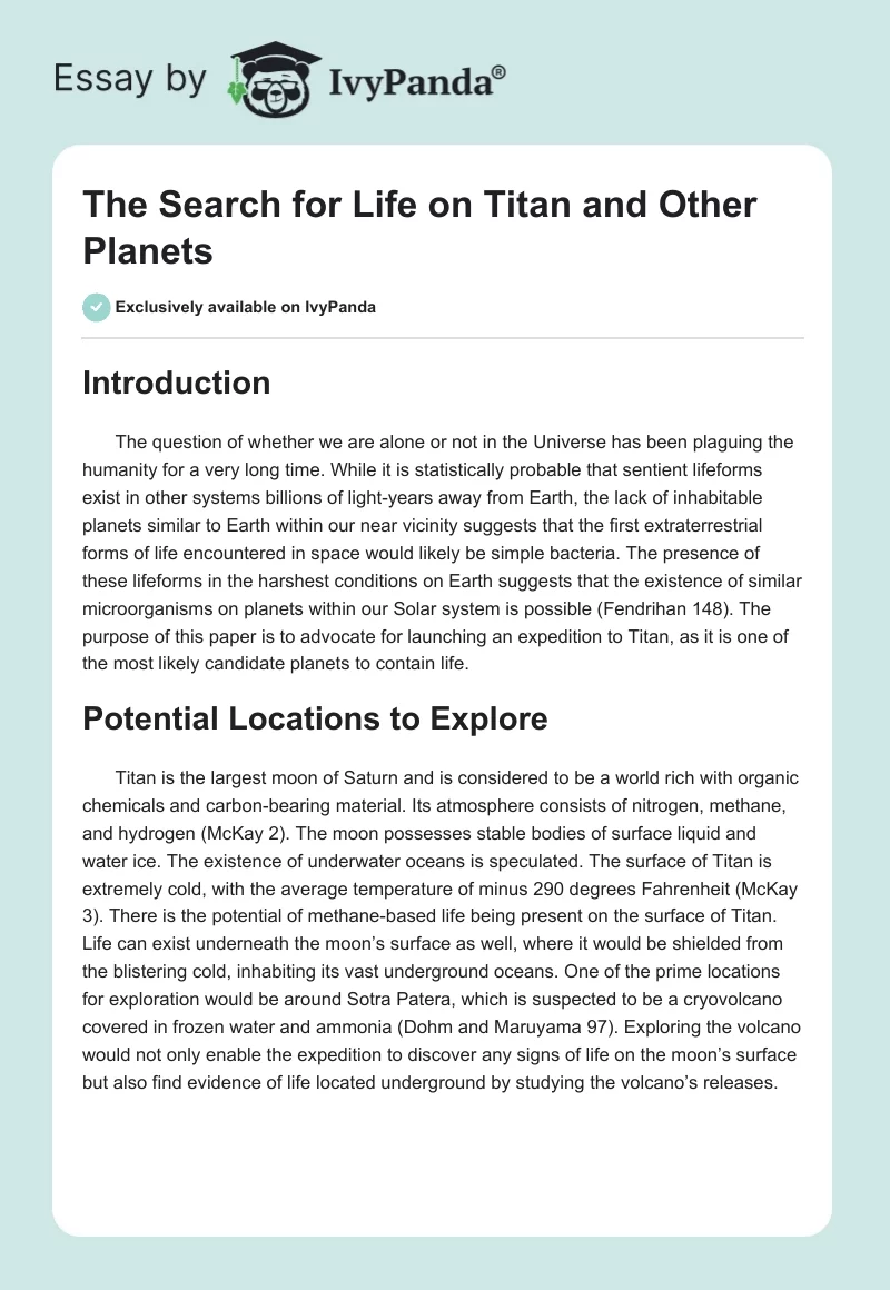 The Search for Life on Titan and Other Planets. Page 1