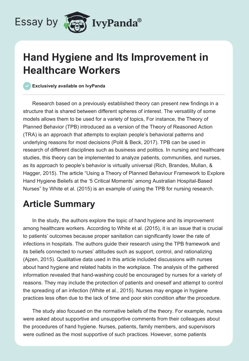  Hand Hygiene and Its Improvement in Healthcare Workers. Page 1