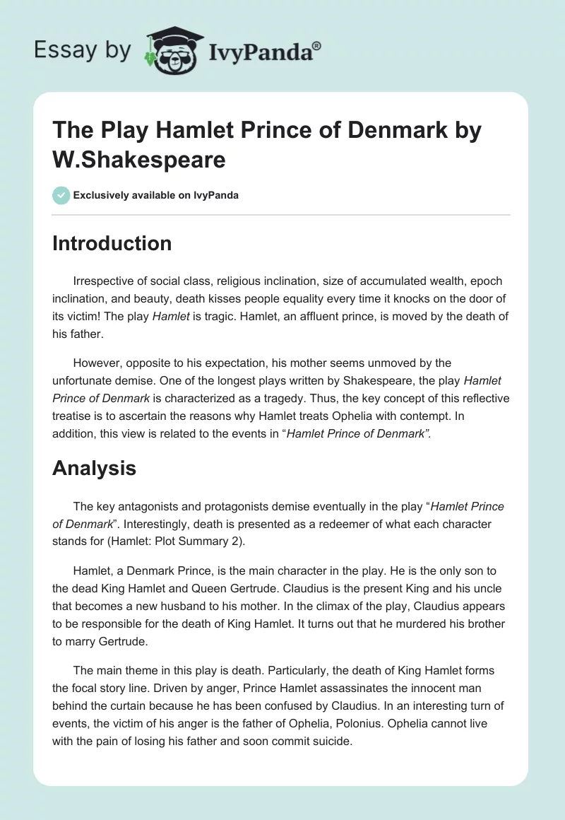 The Play "Hamlet Prince of Denmark" by W.Shakespeare. Page 1