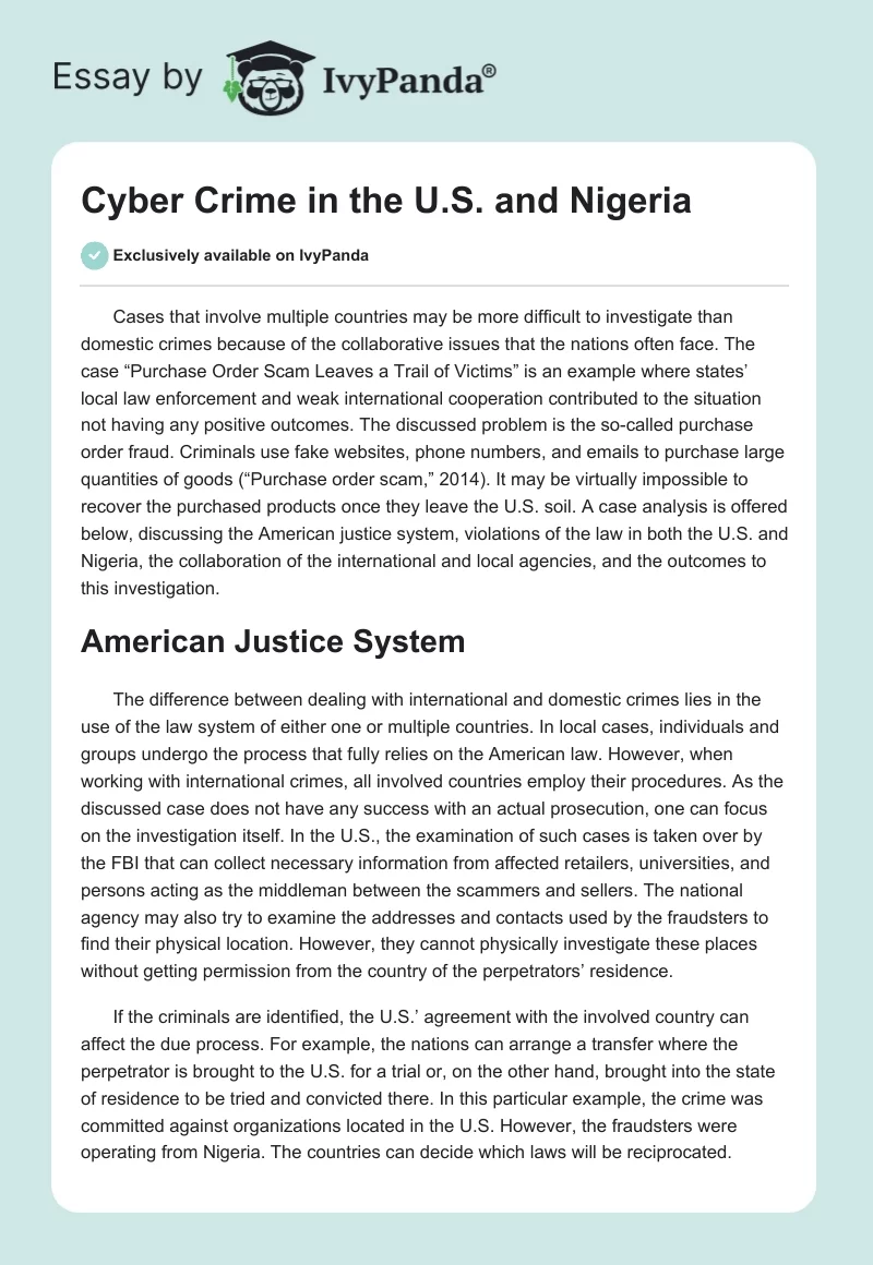 Cyber Crime in the U.S. and Nigeria. Page 1
